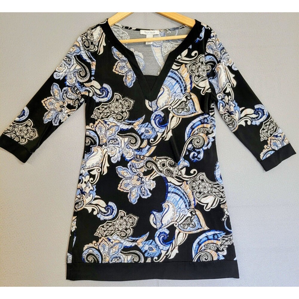WHBM Dress Small Black Blue Floral Paisley Popover 3/4 Sleeve Short Mini Shift